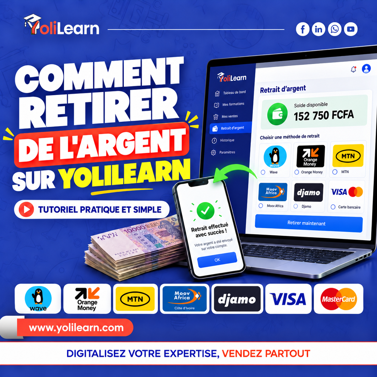 Comment retirer ton argent sur YoliLearn en 2 minutes (Wave, Orange Money, MTN, Moov, Djamo)